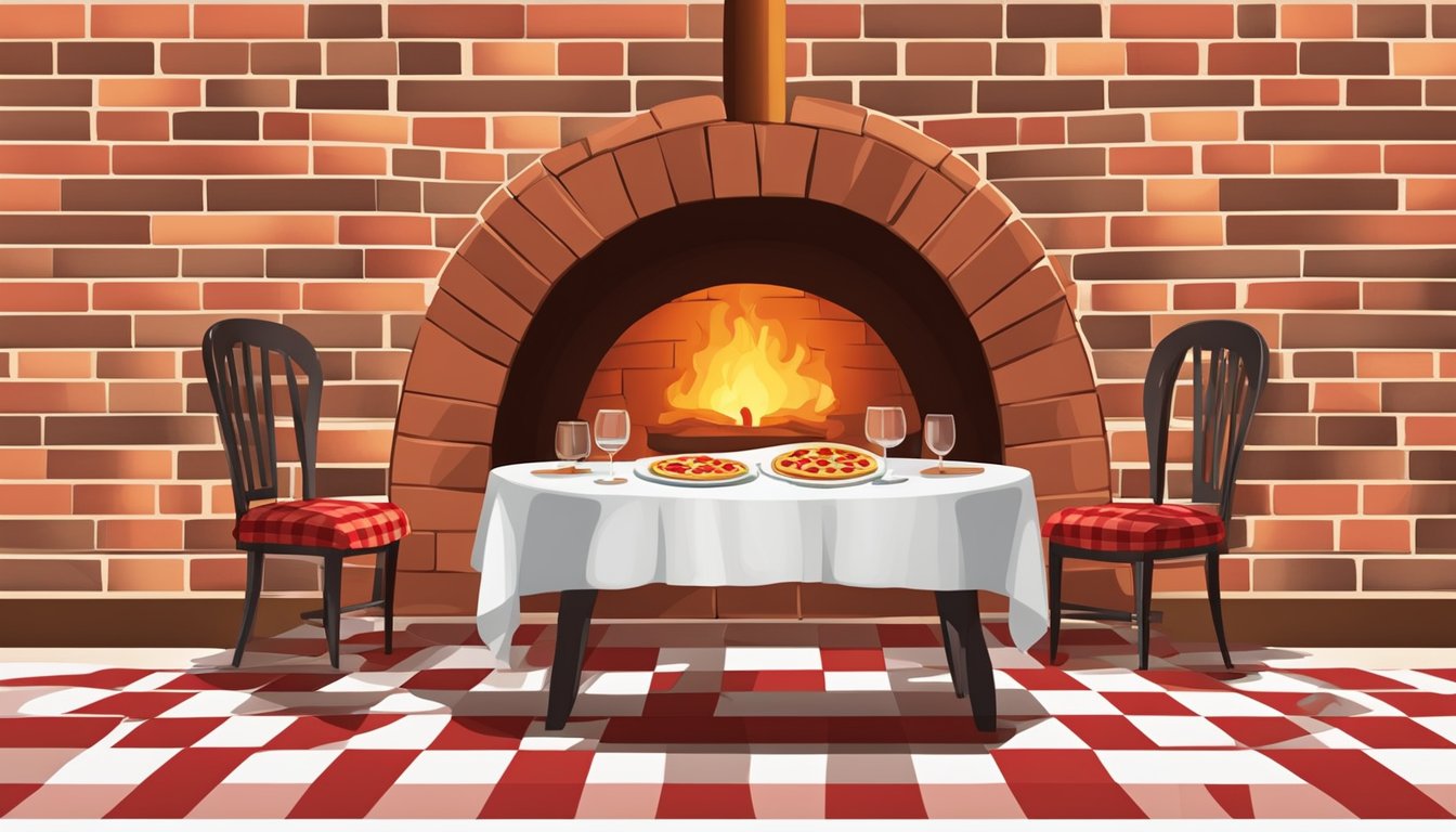 Tables set with red checkered tablecloths, wine glasses, and candles. A brick oven emits warmth and the aroma of fresh pizza