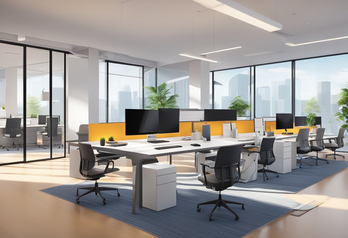 The office space is filled with modern furniture and vibrant colors, with large windows allowing natural light to flood the room. A sleek, minimalist desk sits in the center, surrounded by ergonomic chairs and sleek technology
