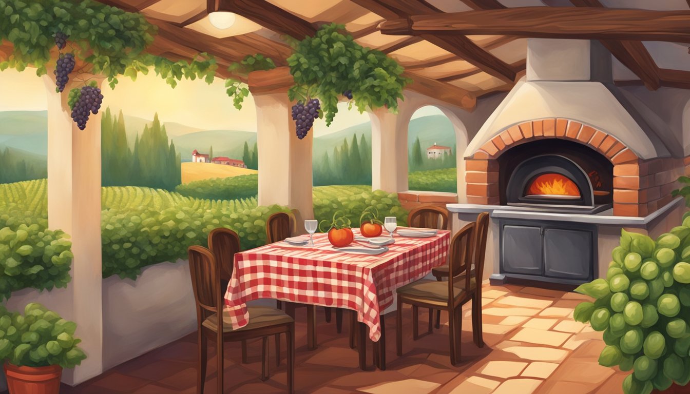 A cozy Italian restaurant with checkered tablecloths, hanging grapevines, and a wood-fired pizza oven. Aromas of garlic, tomatoes, and basil fill the air