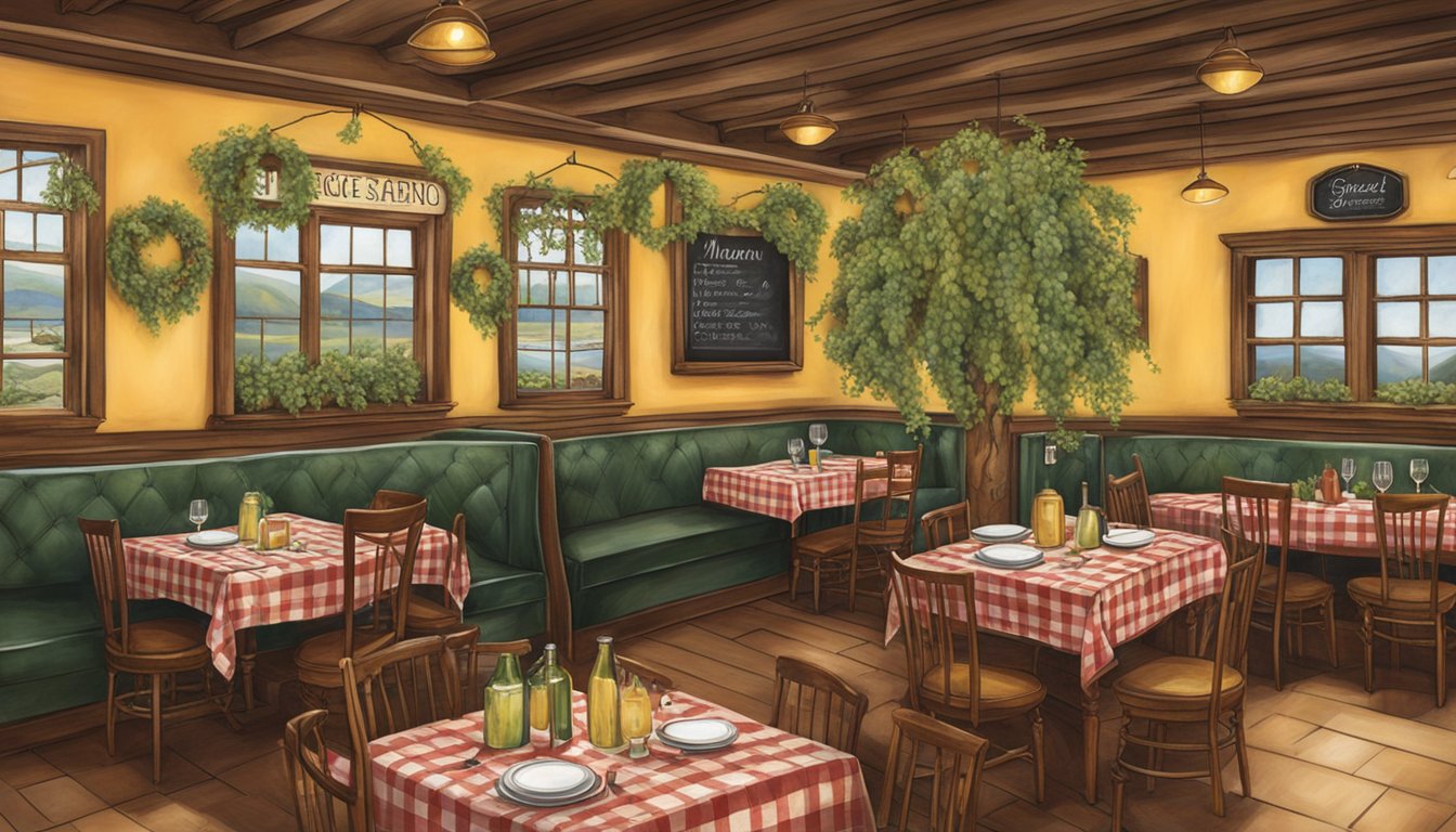 The bustling restaurant features a warm, inviting atmosphere with rustic Italian decor, including checked tablecloths and hanging grapevine wreaths. A chalkboard prominently displays the "Frequently Asked Questions" about the menu and dining experience