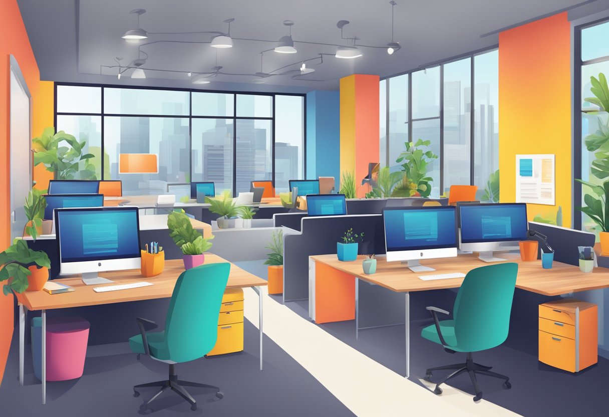 A modern office with open layout, collaborative workspaces, and vibrant colors. A wall of FAQs displayed for easy reference