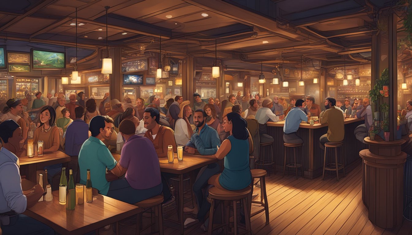 A lively bar restaurant with dim lighting, cozy booths, and a bustling bar area. Patrons chat and laugh, while servers weave through the crowd