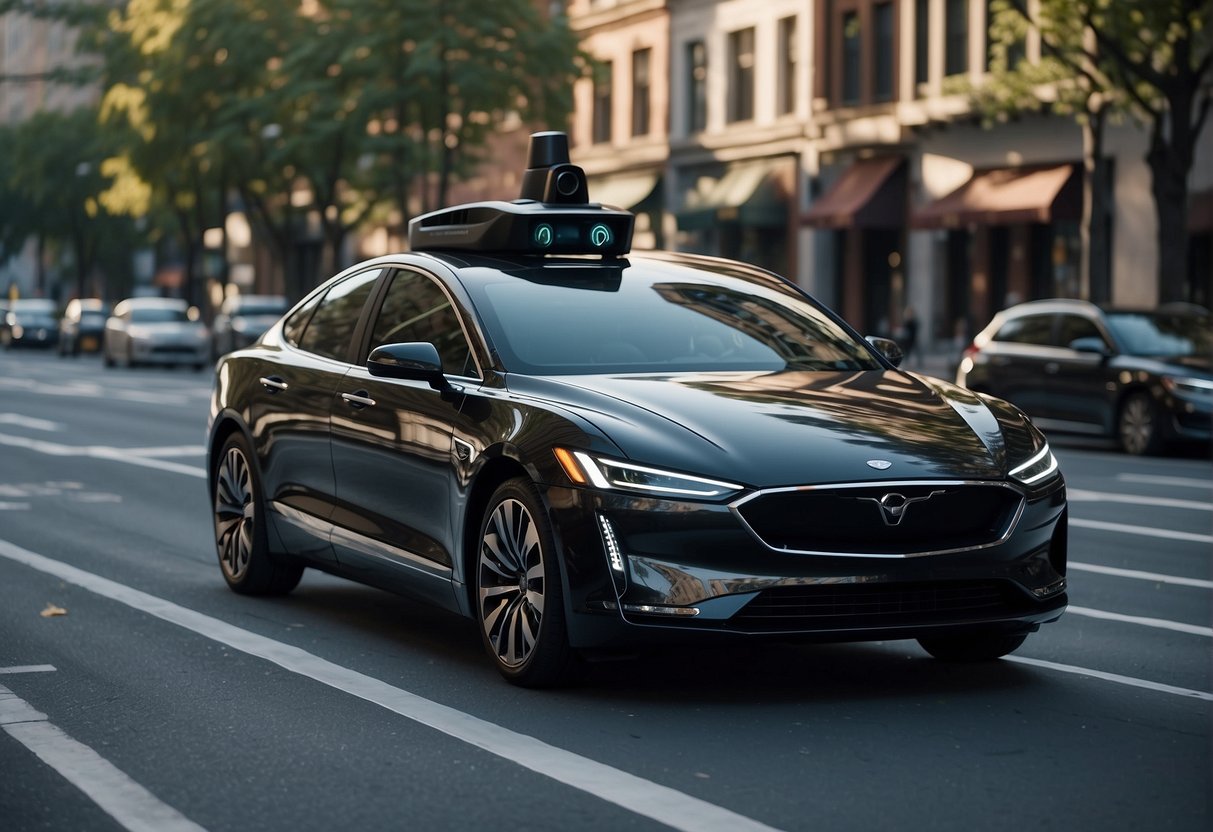 A sleek self-driving car navigates city streets, its sensors scanning for obstacles while the AI system smoothly controls the steering and acceleration