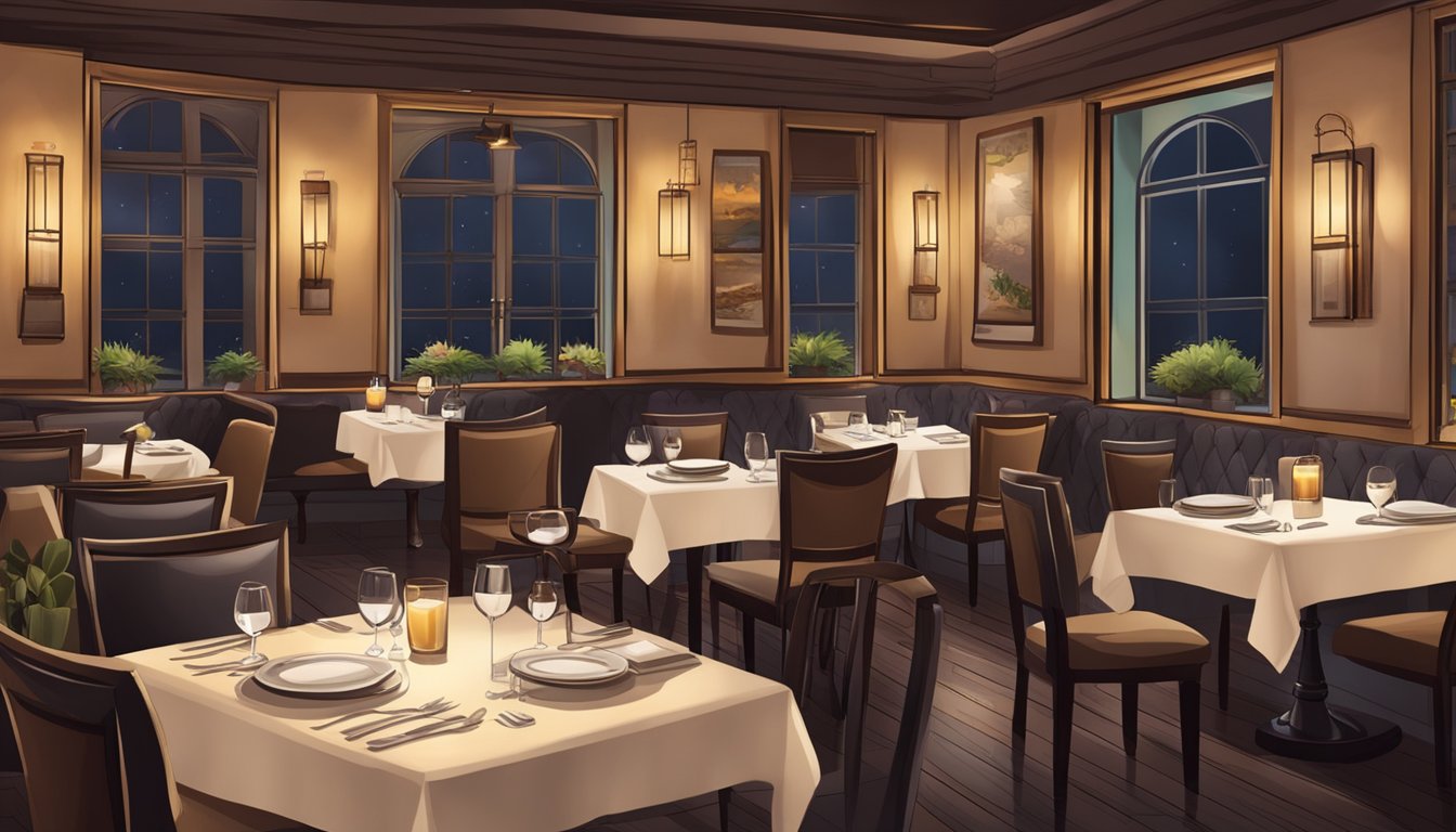 A cozy restaurant with dim lighting, elegant table settings, and a display of mouthwatering dishes on the menu