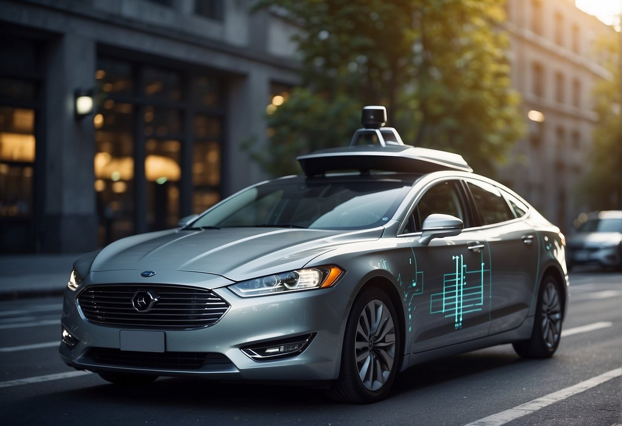 A self-driving car with sensors scanning surroundings, data being collected and processed in real-time for navigation and decision-making