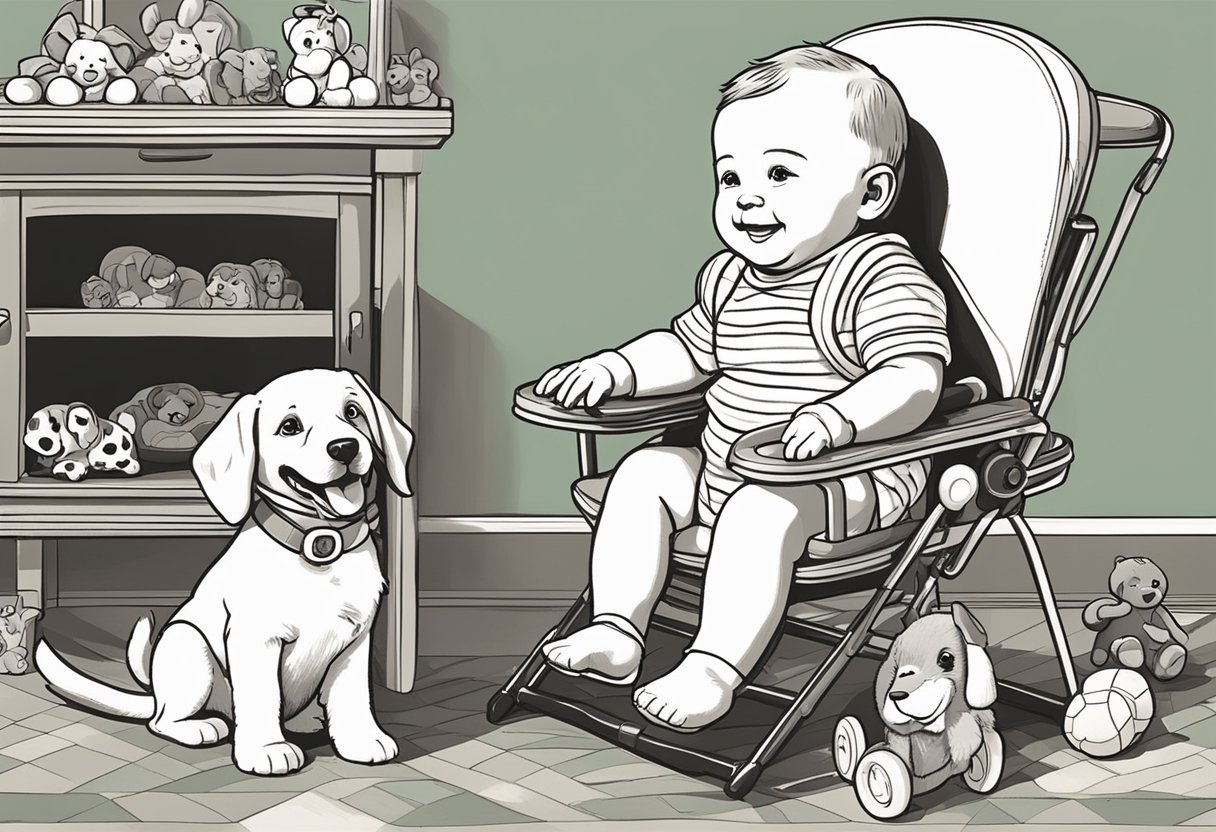 A baby named Bennett sits in a high chair, surrounded by colorful toys and smiling at a playful puppy