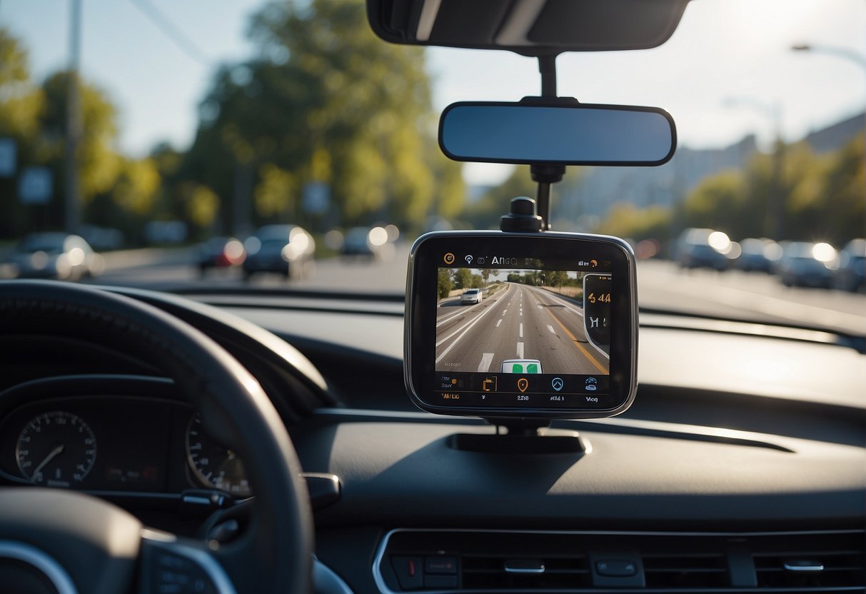 A self-driving car navigating through traffic with sensors and cameras monitoring surroundings for safety and regulation compliance