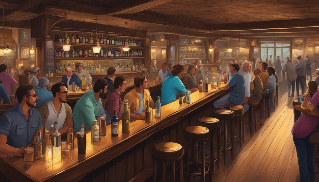 A bustling bar scene with dim lighting, a long wooden bar, and tables filled with patrons enjoying drinks and conversation