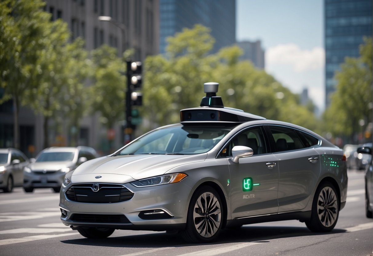 A self-driving car navigating through a busy city intersection, pedestrians and cyclists crossing safely, while the car's sensors detect and respond to potential hazards