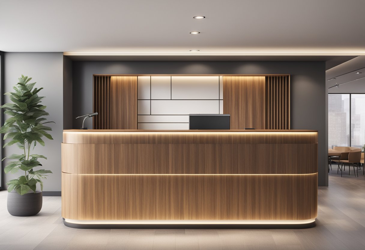 A sleek, modern front desk with a polished wood finish, a minimalist design, and a built-in digital display for company branding