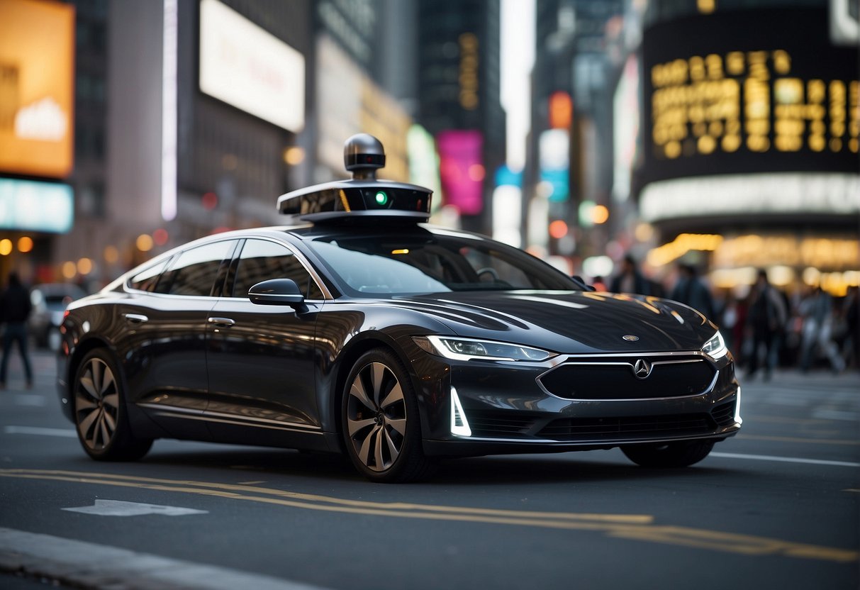 Self-driving cars navigating busy city streets, with digital advertisements flashing on buildings and billboards. A crowded marketplace with various car manufacturers showcasing their latest autonomous vehicles