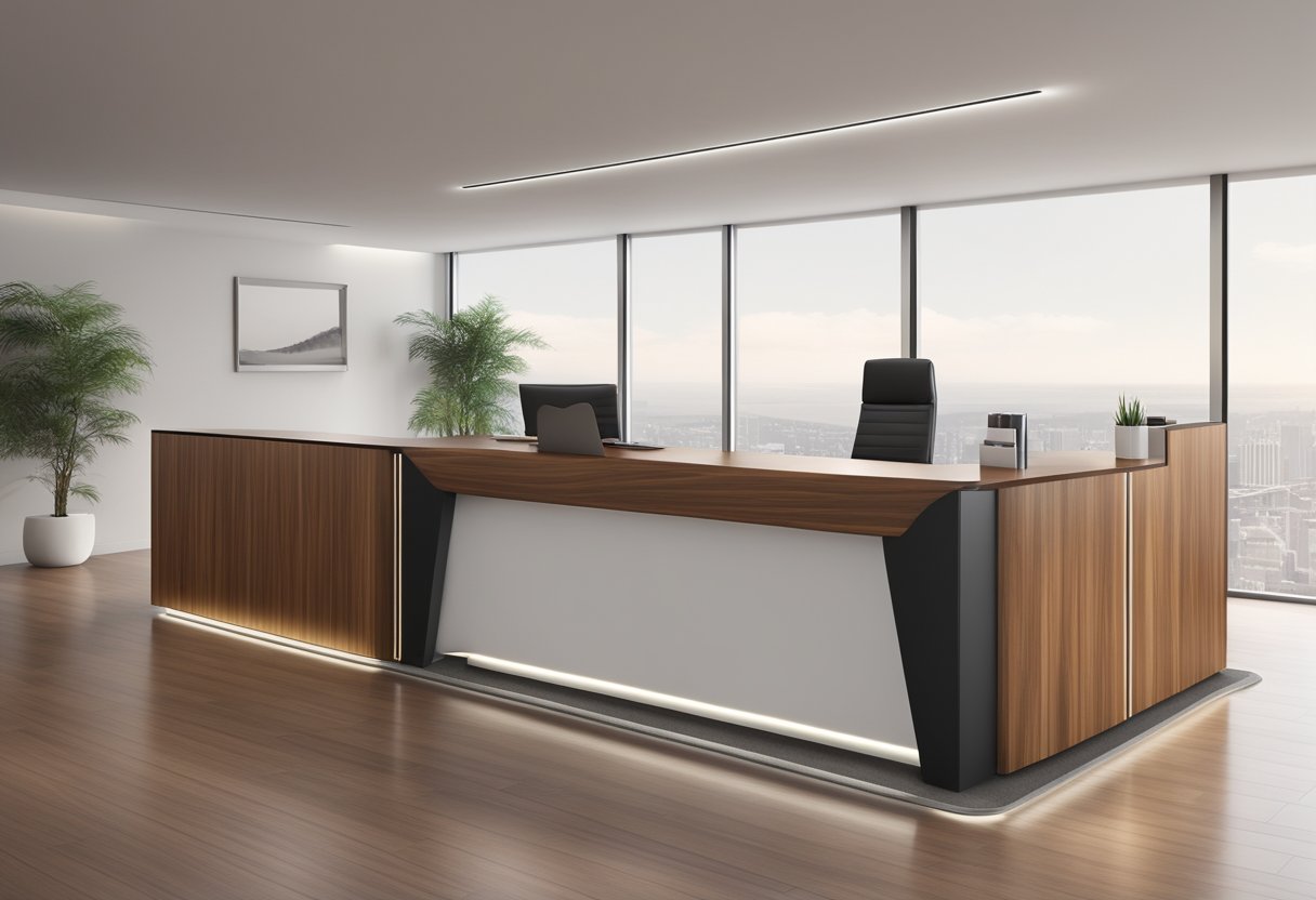 A sleek, modern front desk with a minimalist design, featuring a polished wood finish and integrated technology for a welcoming and professional office space