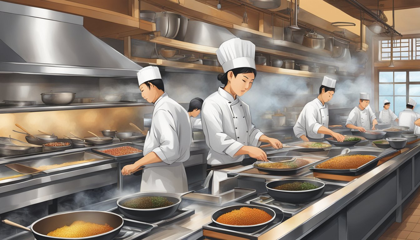 The bustling kitchen at Tamashii's restaurant, filled with sizzling pans and aromatic spices, as chefs skillfully prepare exquisite Japanese dishes