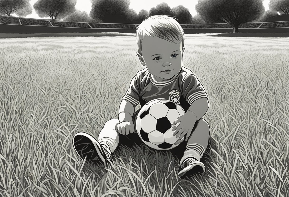 A baby named Beckham playing with a soccer ball in a grassy field