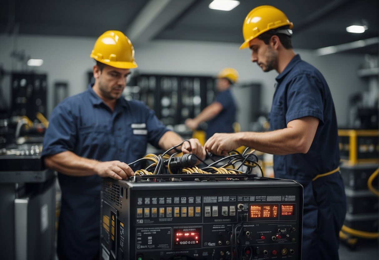 A technician connects cables to an AGM battery, monitoring voltage levels and applying a reconditioning process