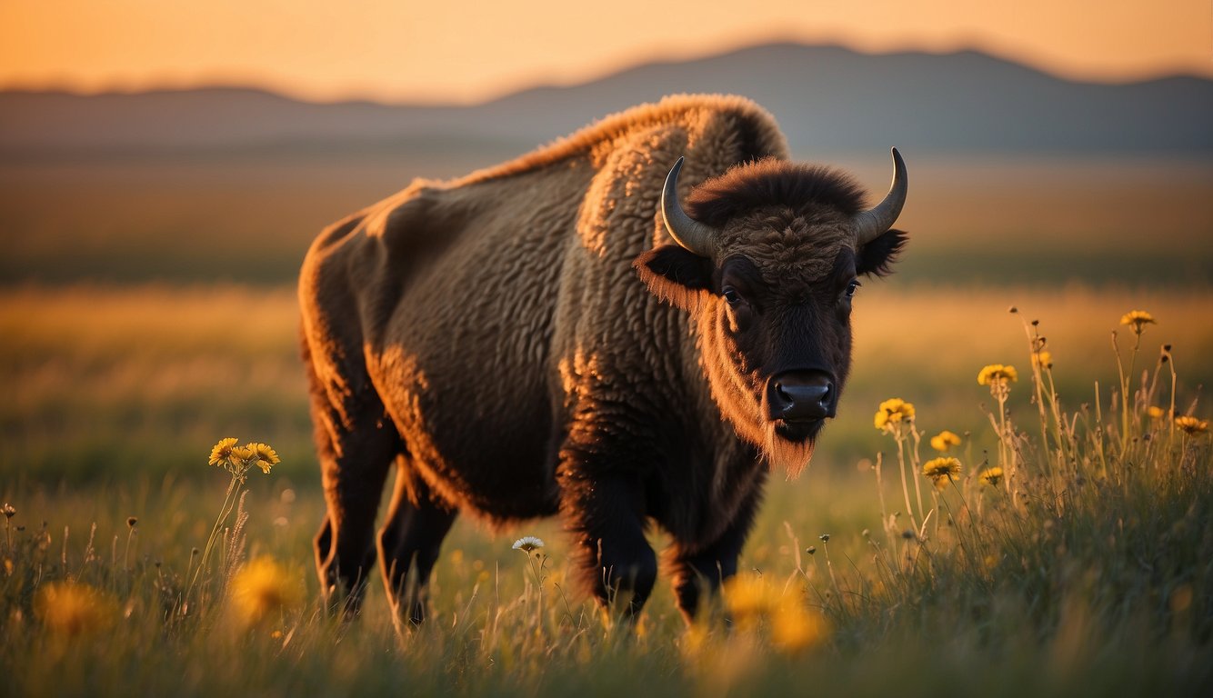 A baby bison stands on the open plains, surrounded by tall grass and wildflowers.

The sun sets in the distance, casting a warm glow over the peaceful scene