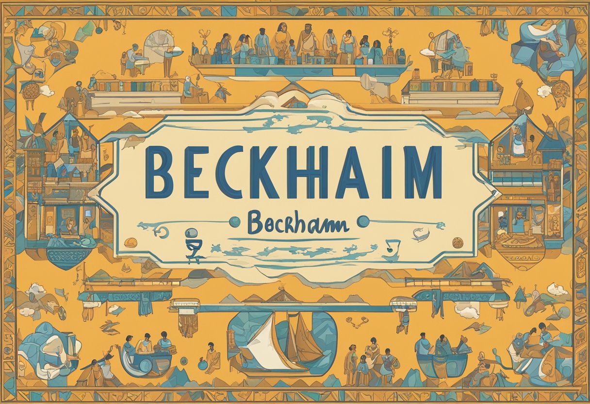 A baby name "Beckham" displayed on a banner at a multicultural event, surrounded by diverse cultural symbols and traditional artifacts