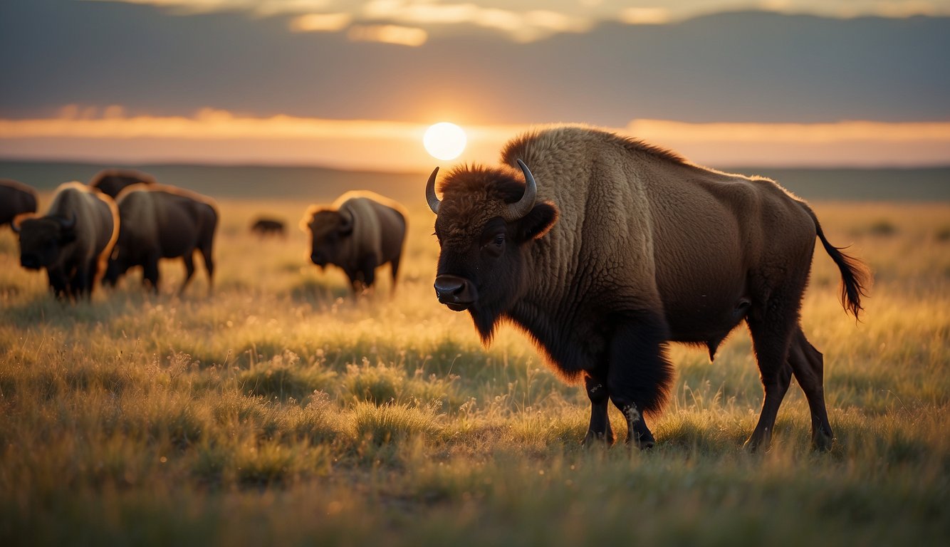 A baby bison explores the grassy plains, surrounded by a herd of adult bison.

The sun sets in the distance, casting a warm glow over the peaceful scene