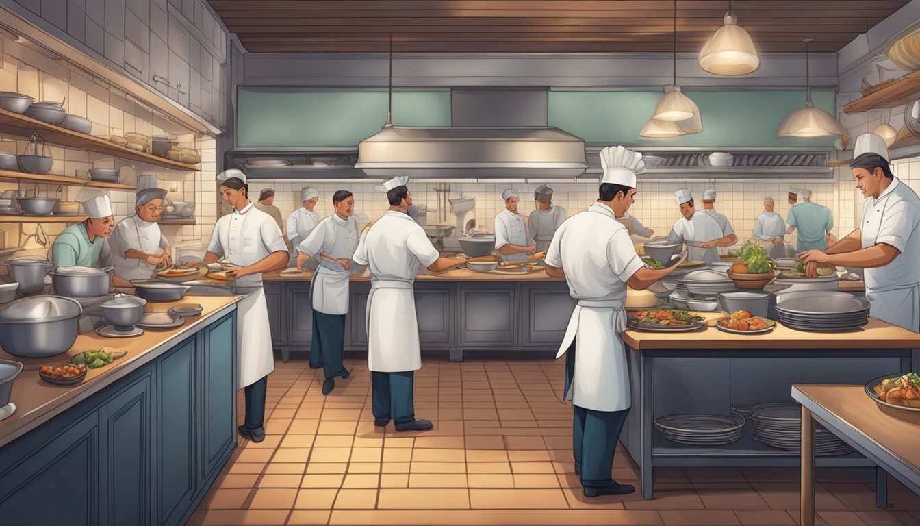 A bustling kitchen with chefs skillfully preparing diverse dishes, while servers gracefully attend to the elegant dining room filled with satisfied patrons