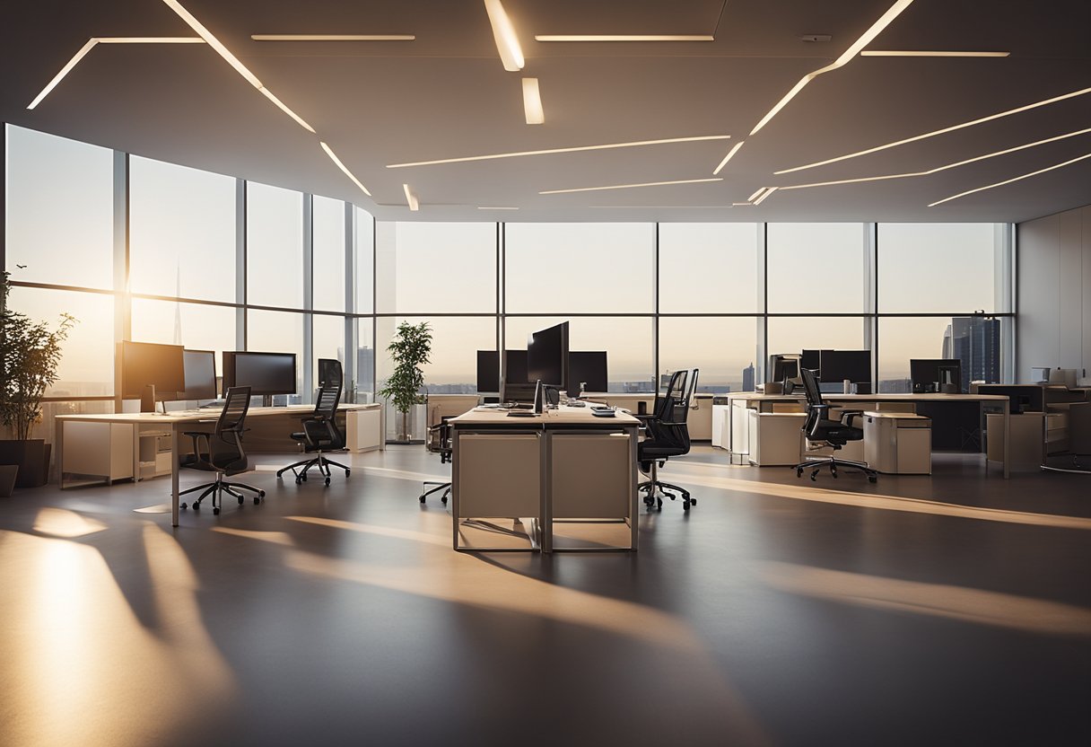 The office lighting casts a warm, diffused glow, highlighting the sleek lines of the modern fixtures and creating a comfortable and inviting atmosphere