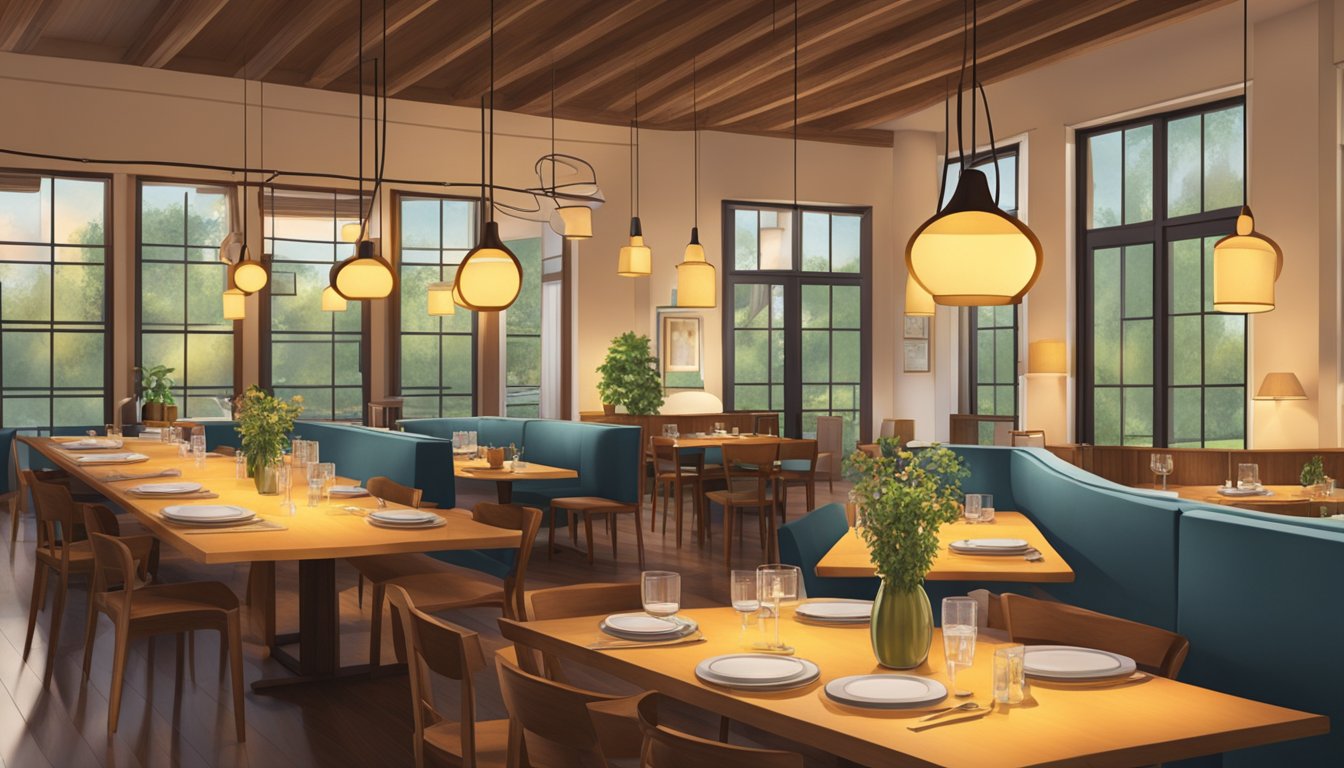 The warm glow of pendant lights illuminates the cozy dining area. A server gracefully delivers plates to tables, while the hum of conversation creates a welcoming atmosphere
