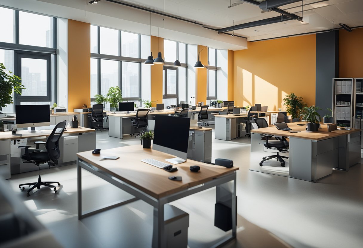 A brightly lit office space with a combination of natural and artificial lighting, casting a warm and inviting glow on the desks and workstations