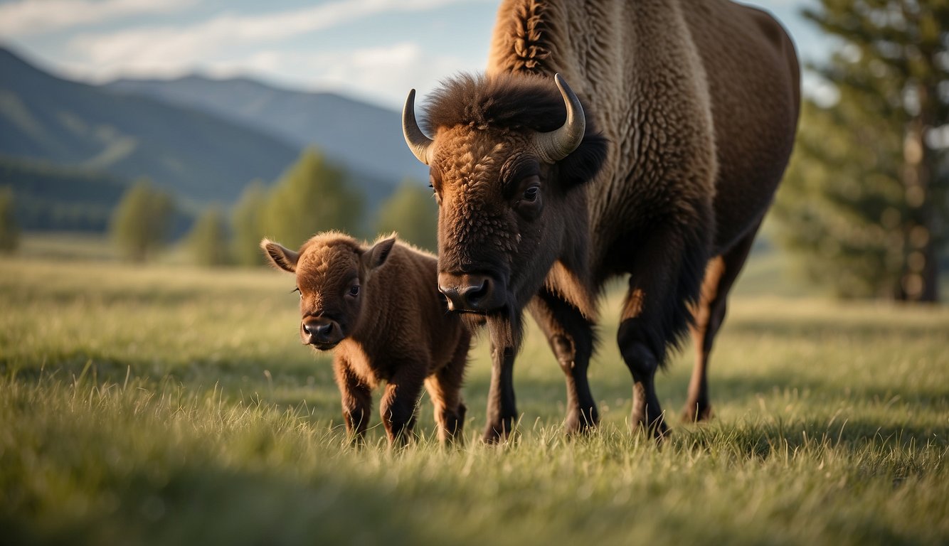 A baby bison explores its surroundings, nuzzling its mother for comfort.

It grazes on fresh grass, taking its first steps in the world