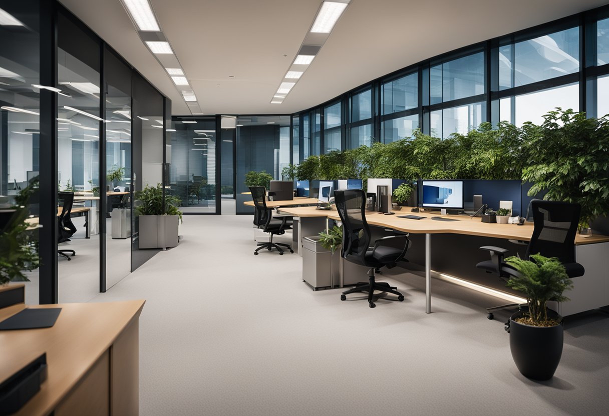 Bright, even lighting fills the modern office space, with adjustable fixtures for individual comfort and optimal performance
