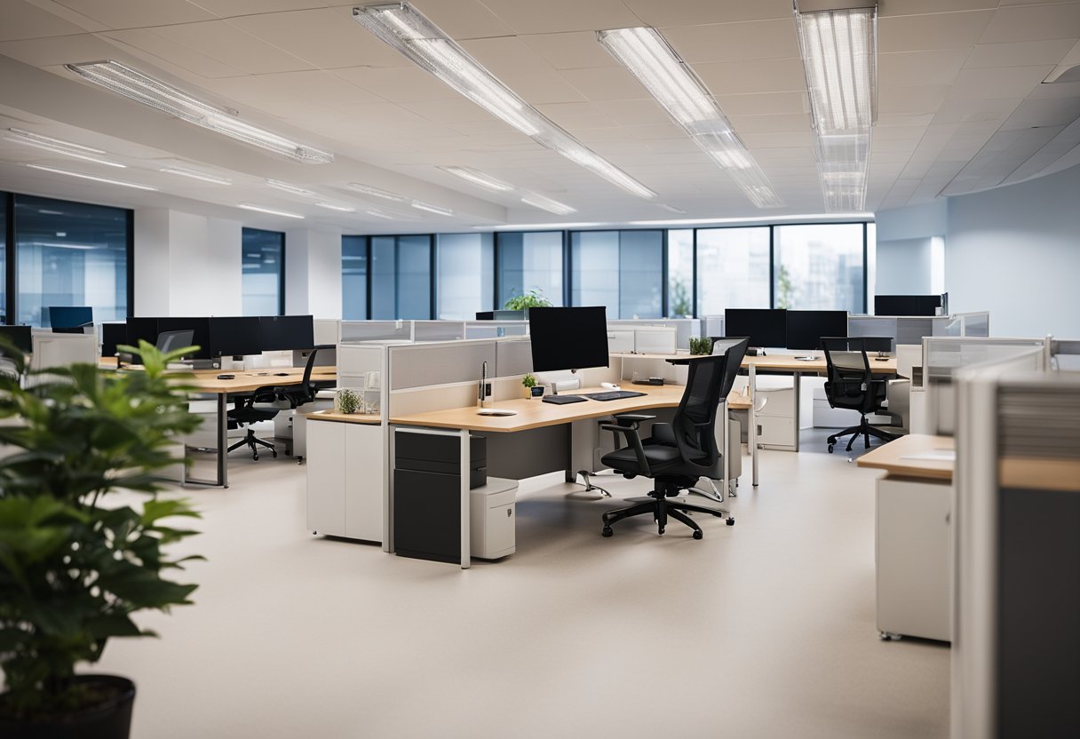 The office is brightly lit with modern ceiling fixtures, casting a warm and inviting glow. The lighting is evenly distributed, creating a comfortable and productive work environment