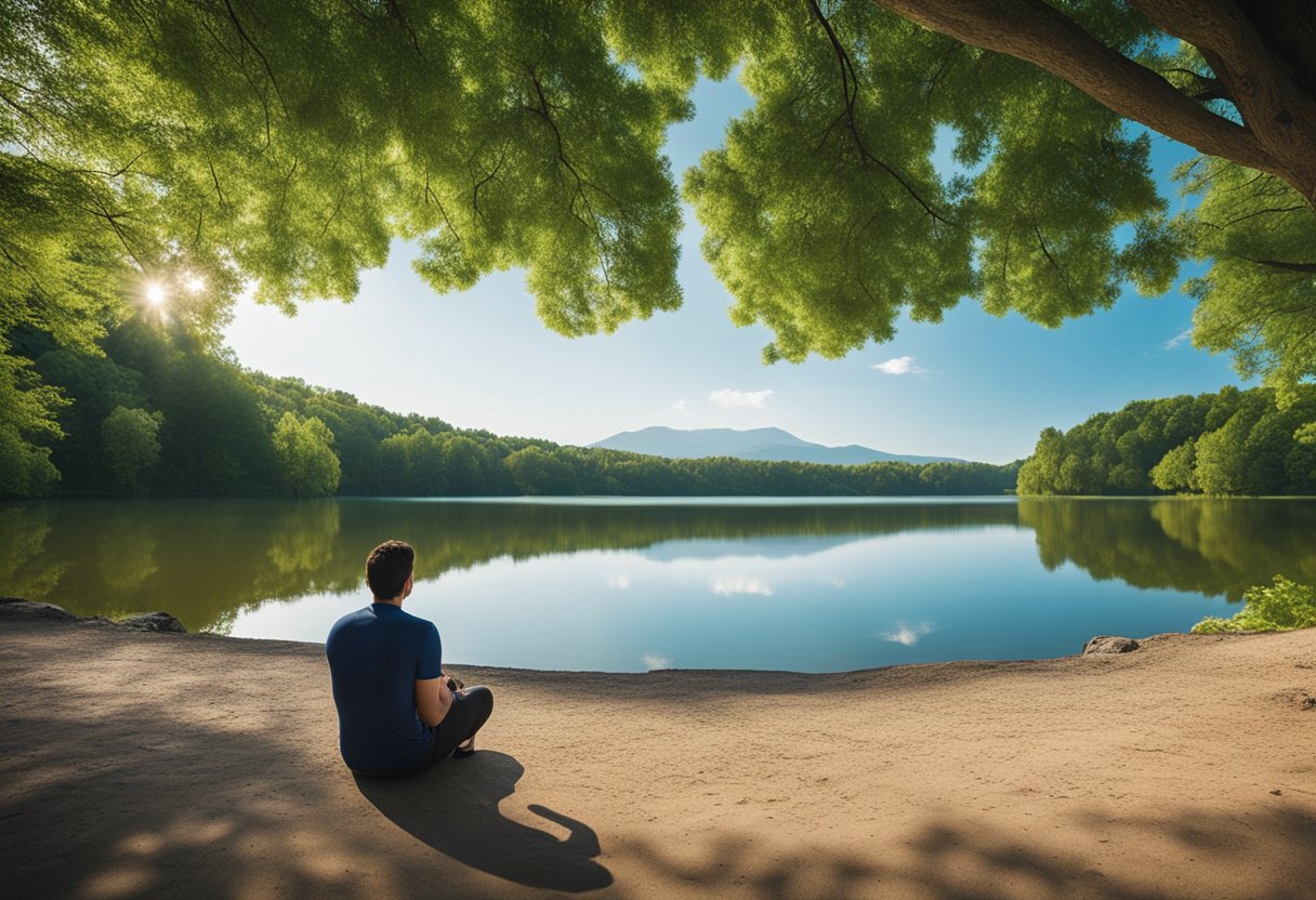 A serene nature scene with a calm lake, surrounded by lush green trees and a clear blue sky, with a person sitting peacefully on the shore