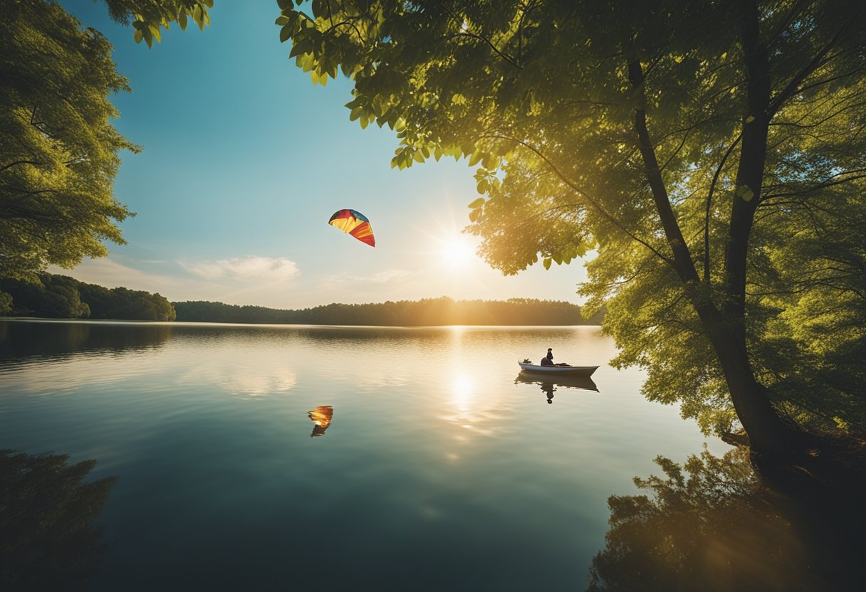 A bright sun shines over a calm lake, surrounded by lush green trees. A small boat drifts peacefully on the water, with a colorful kite soaring high in the sky