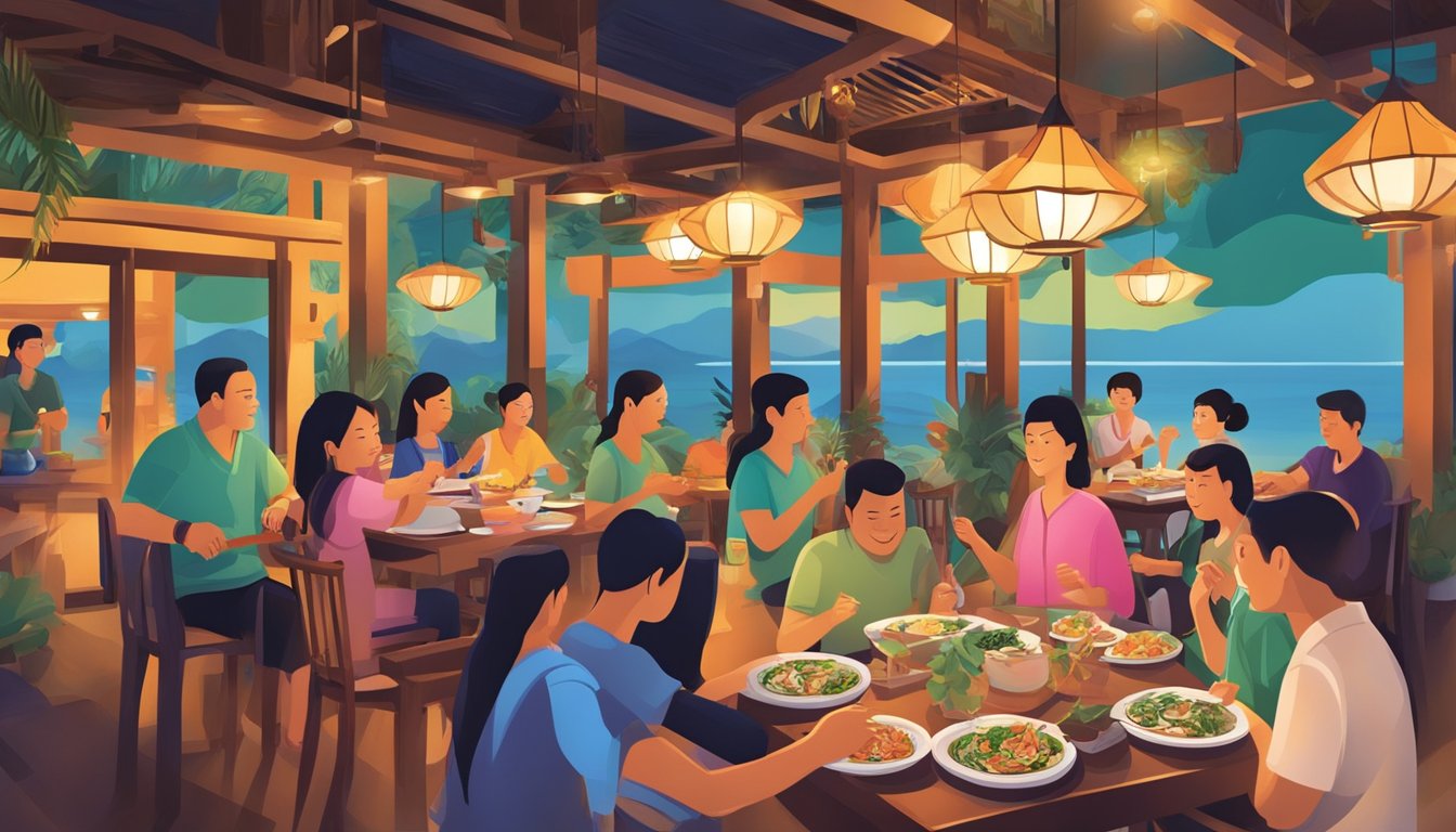 Customers enjoying a variety of Thai dishes at Tu Kab Khao Restaurant in Phuket. The vibrant colors and aromas of the food create a lively and inviting atmosphere