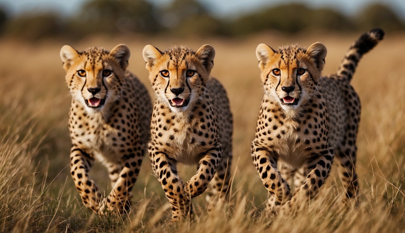 Three cheetah cubs race across the savannah, their sleek bodies and spotted fur blending seamlessly with the golden grass.

Their agile movements make them appear as if they are flying over the ground