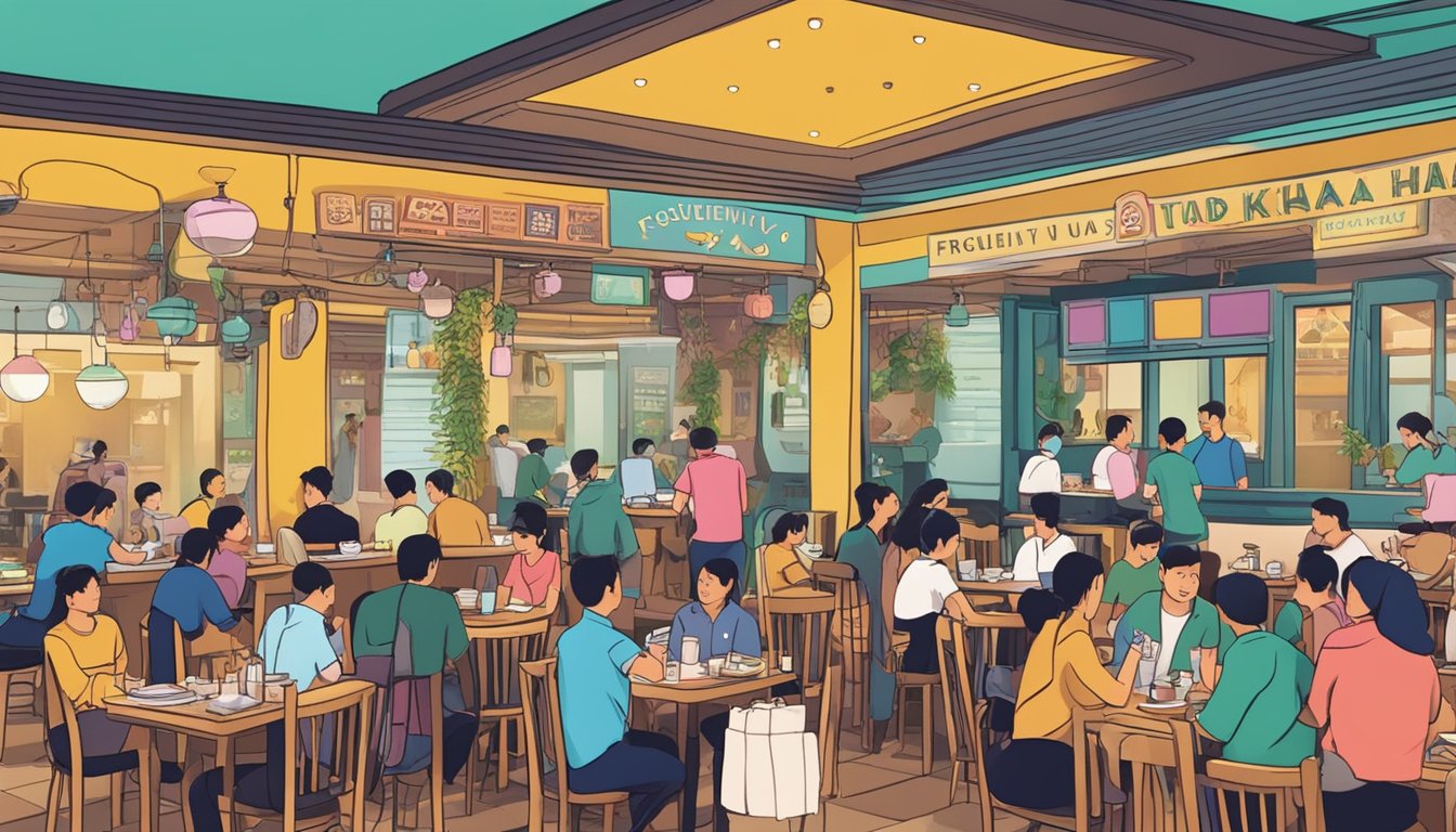 A bustling restaurant in Phuket, with colorful decor and a sign that reads "Frequently Asked Questions - tu kab khao." Customers are seated at tables, enjoying their meals as waitstaff attend to their needs