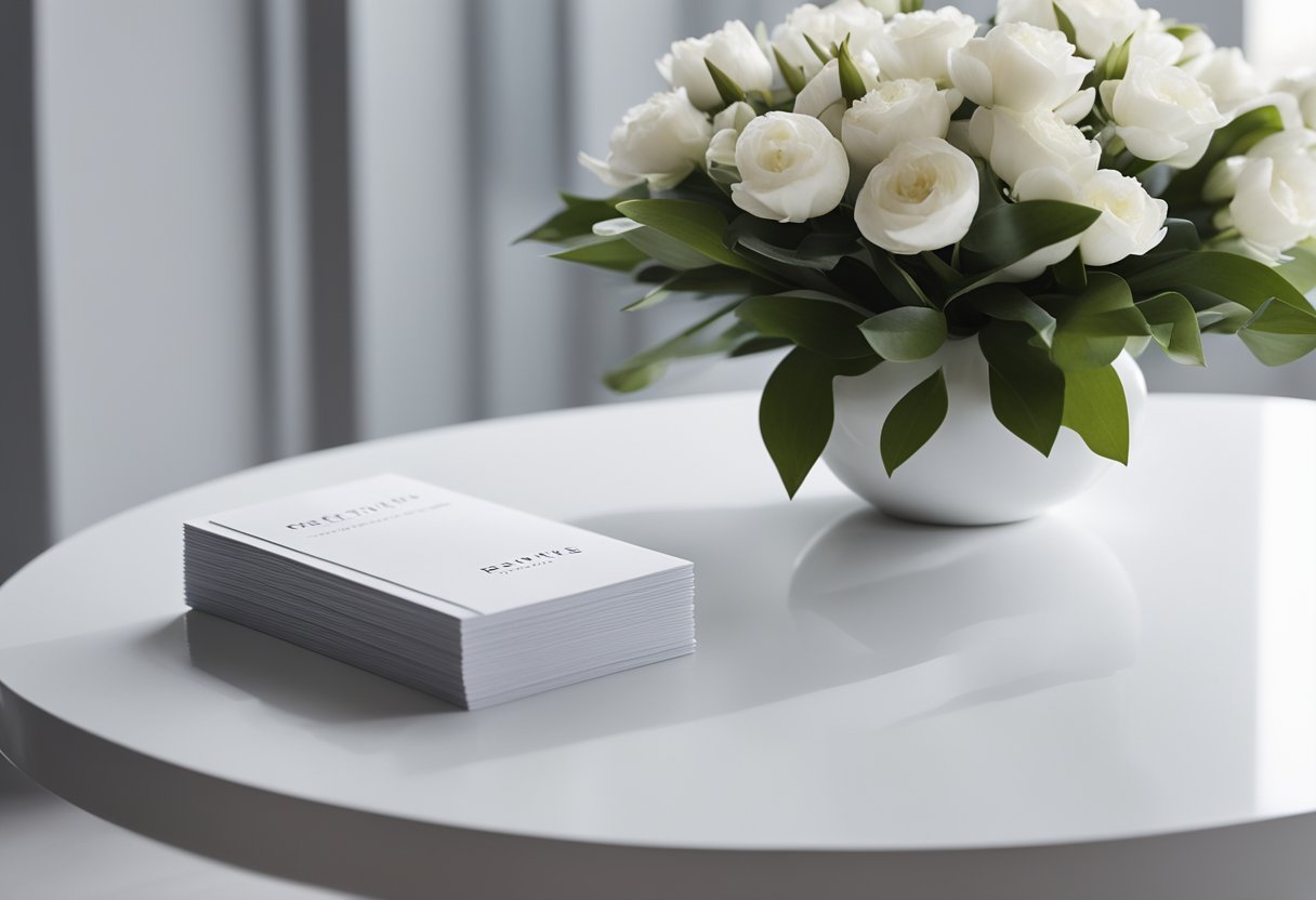 A sleek, modern reception table with a glossy white surface, accompanied by a minimalist vase of fresh flowers and a stack of neatly organized brochures