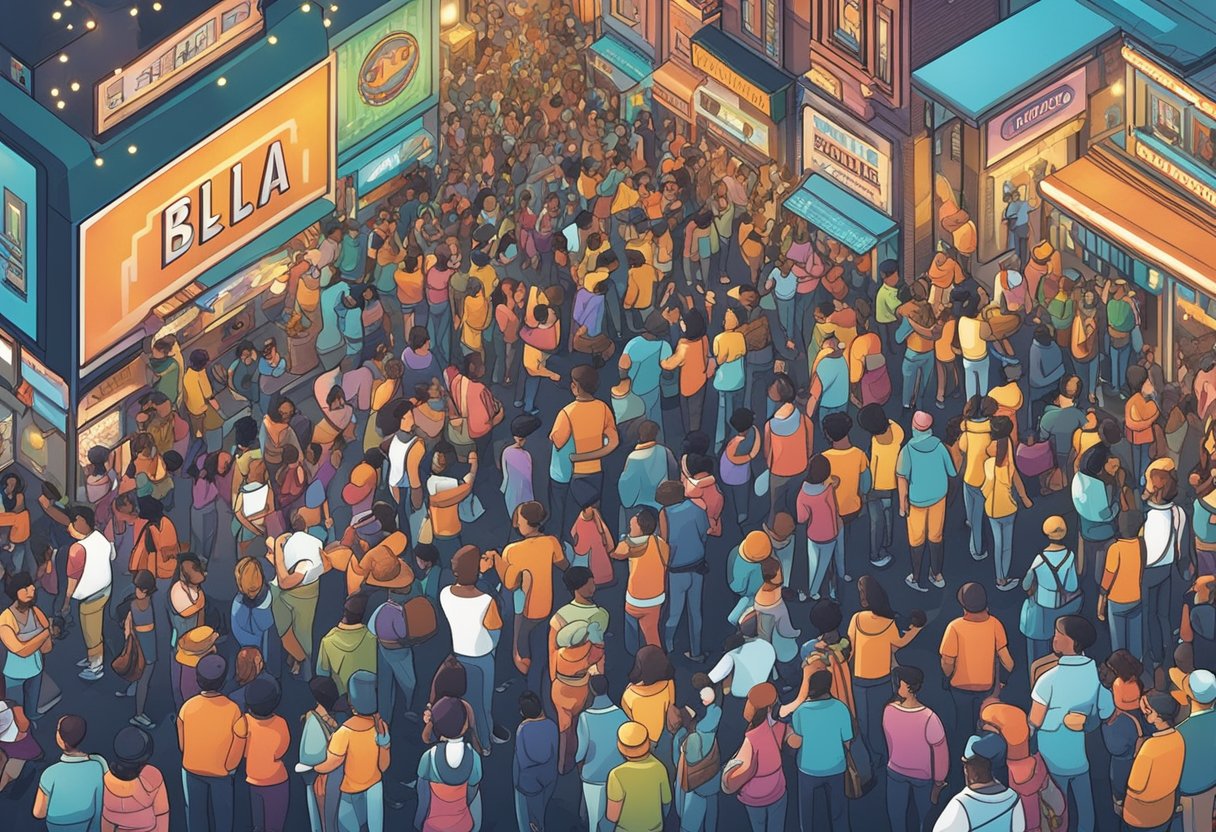 A crowd of diverse characters celebrate the name "Bella" with banners, music, and bright lights, symbolizing its widespread popularity and cultural impact