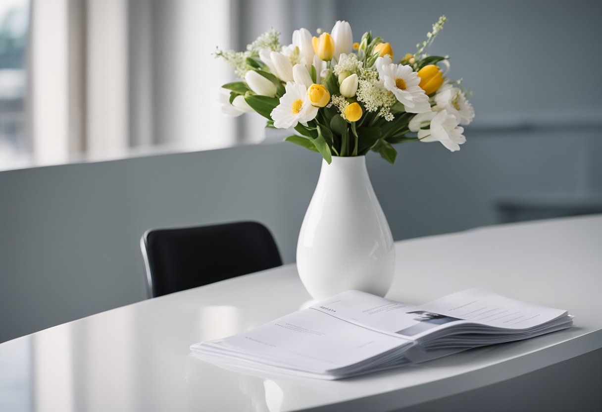 A sleek, modern reception table with a glossy white surface, adorned with a minimalist vase of fresh flowers and a stack of neatly arranged brochures