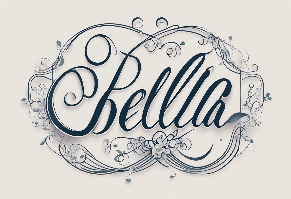 Bella, a popular baby name, is written in flowing script with delicate curves and elegant loops