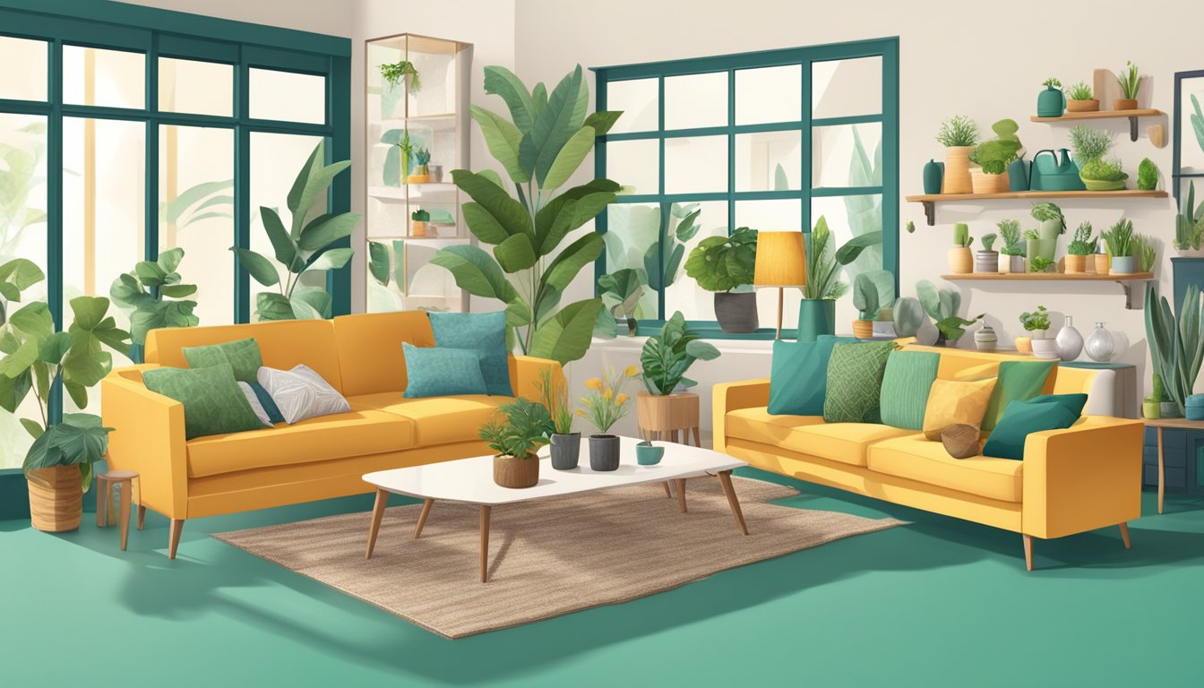A vibrant online marketplace showcasing various recycled home goods, from furniture to decor, highlighting sustainability and eco-friendly living