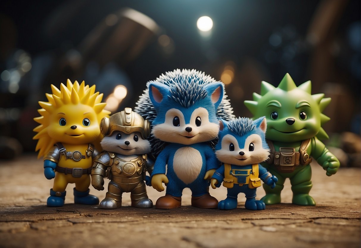Five iconic game characters stand together: a plumber in overalls, a blue hedgehog, a yellow creature with lightning-shaped tail, a green-clad elf, and a space marine in armor