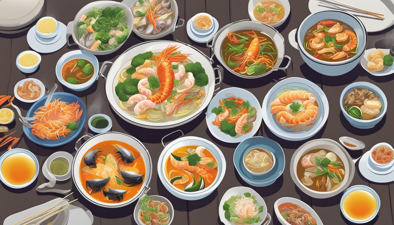 A table set with a variety of seafood dishes at Wang Ji Seafood Restaurant. Bowls of steaming soup, plates of grilled fish, and colorful stir-fry dishes