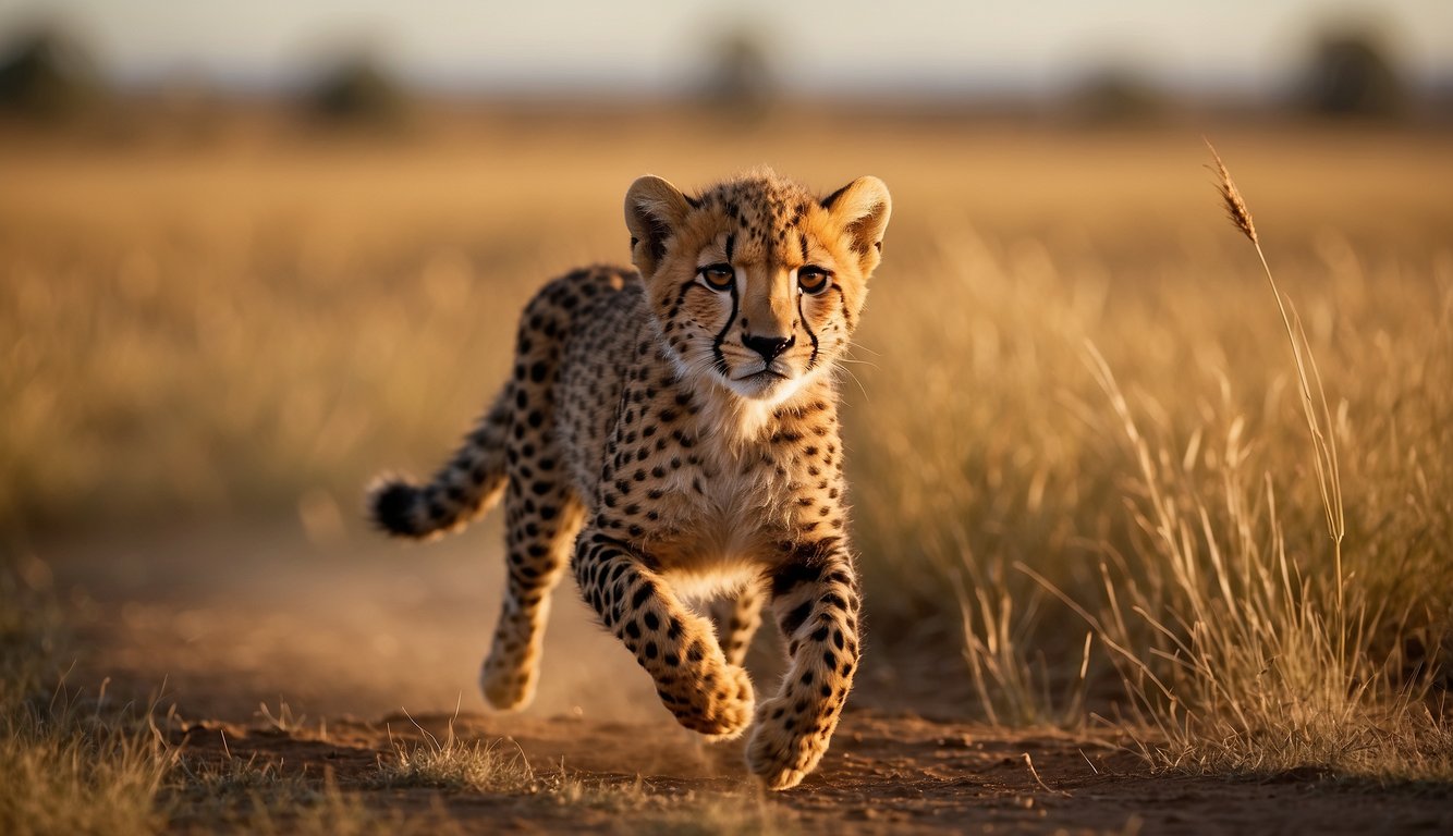 A cheetah cub sprints across the savannah, its sleek body and long legs propelling it forward with incredible speed.

The golden sunlight illuminates its fur as it chases after its playful siblings