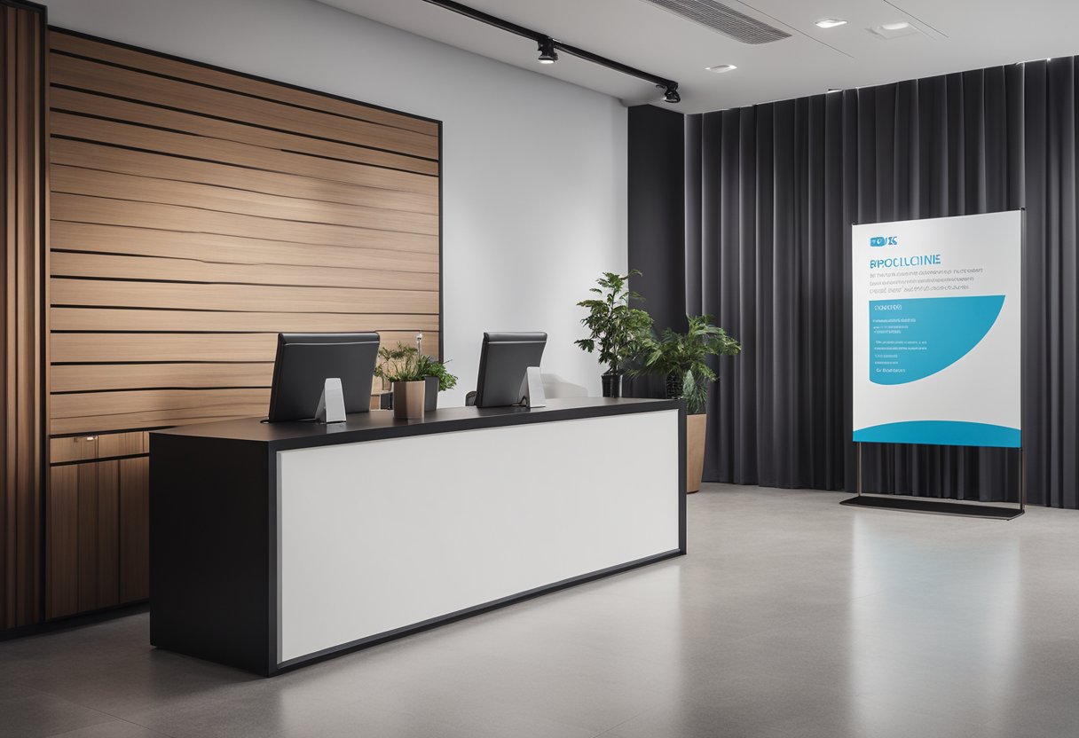A modern, sleek reception table with a clean, minimalist design. A stack of brochures neatly arranged, a digital display screen, and a sign with the company logo