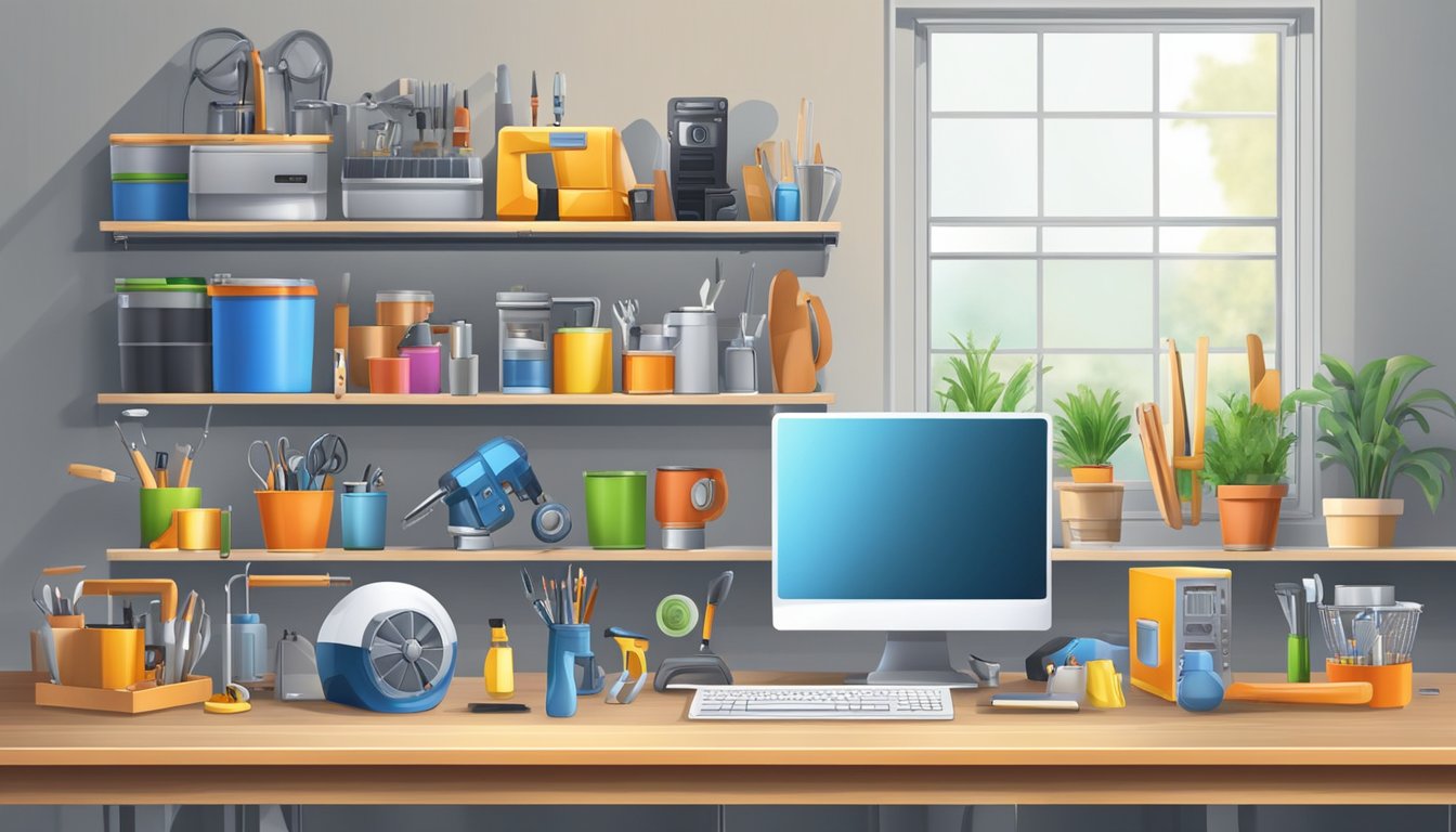 Various household items are being transformed into new products. A computer and tools are visible on a workbench. Finished items are displayed on shelves
