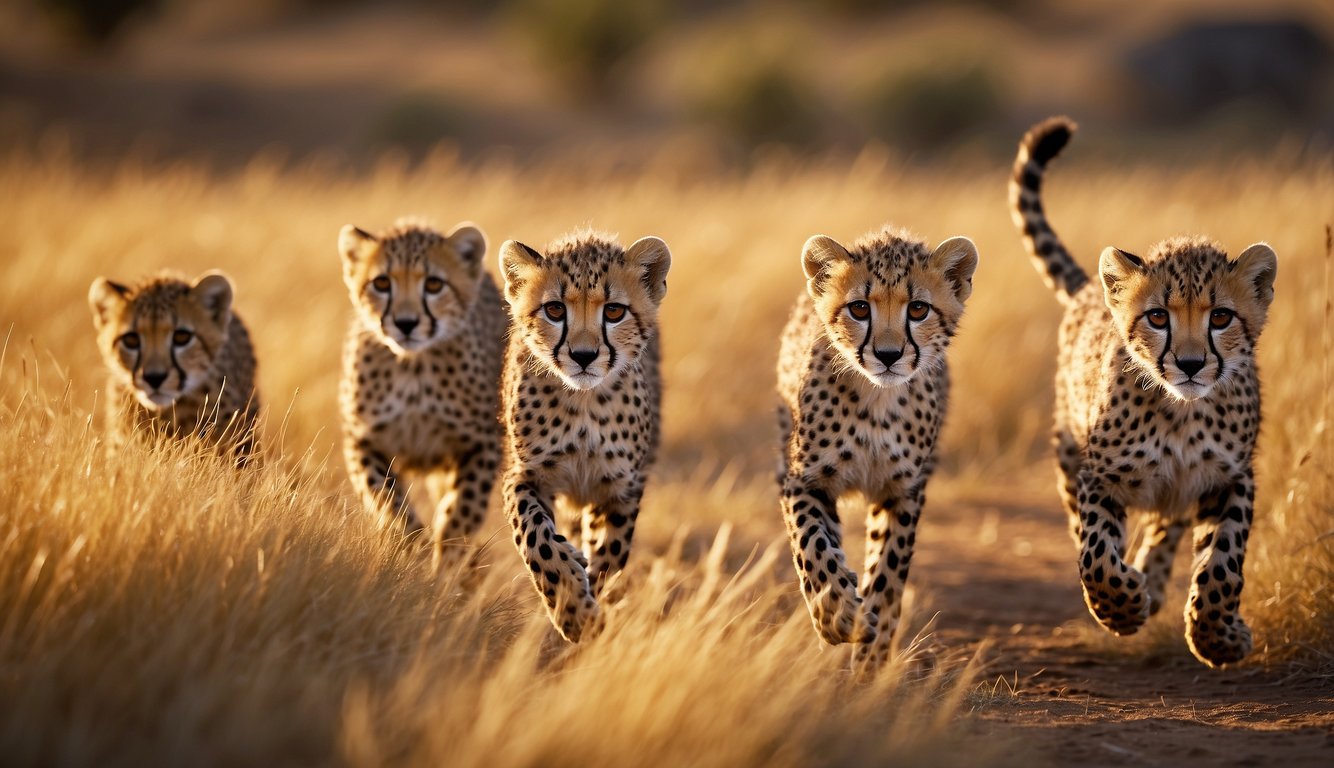 A group of cheetah cubs sprint across the savanna, their sleek bodies gliding effortlessly over the golden grass.

Their spots blend seamlessly with the dappled sunlight, as they move with the speed and grace of their adult counterparts