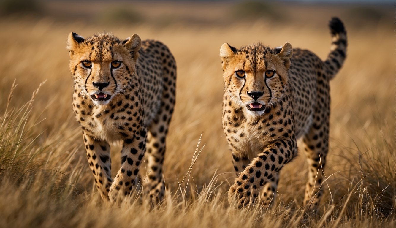 Cheetah cubs playfully chase each other across the savanna, their sleek bodies and spotted fur blending into the golden grass as they showcase their incredible speed