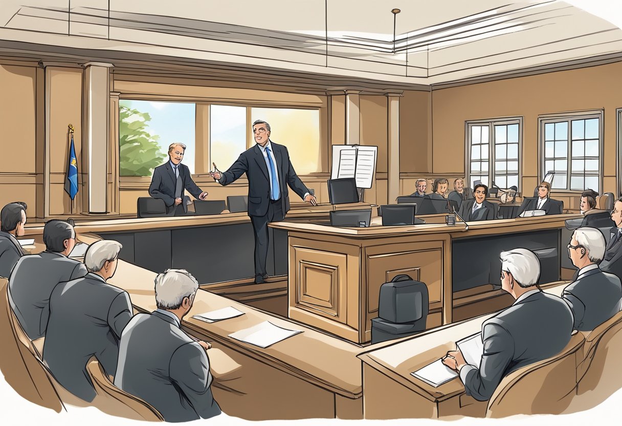 A lawyer presenting evidence and arguments in a courtroom to defend against a breathalyzer fine