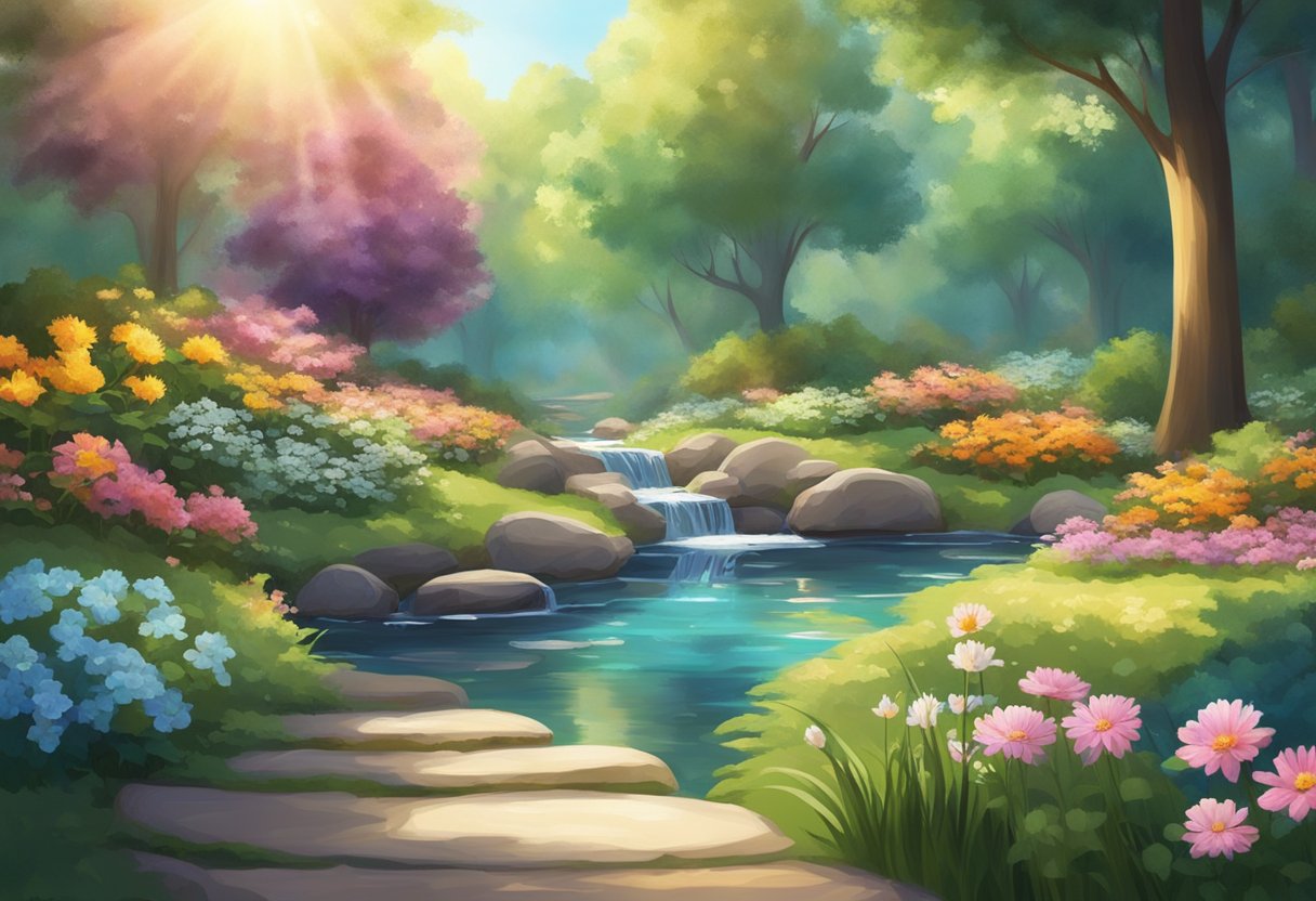 A serene garden with colorful flowers and a gentle stream, surrounded by tall trees. Sunlight filters through the leaves, creating a peaceful and healing atmosphere