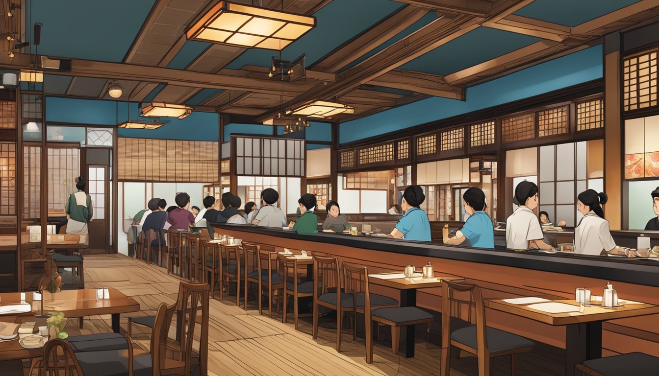 The bustling interior of Akane Japanese restaurant, with traditional decor and a sushi bar