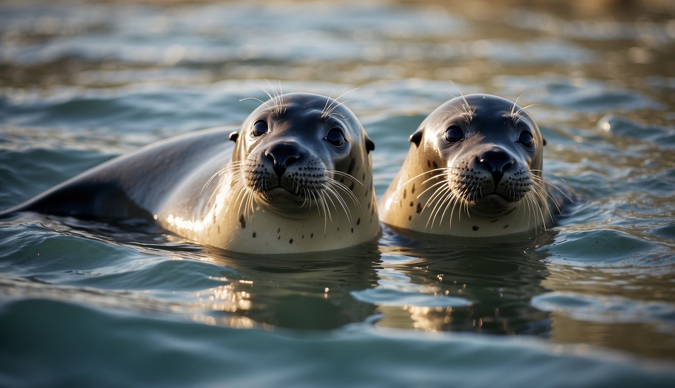 Seal pups frolic in the shallow waters, chasing each other and playfully nipping at each other's flippers.

The sun glistens off the water as they explore their new world